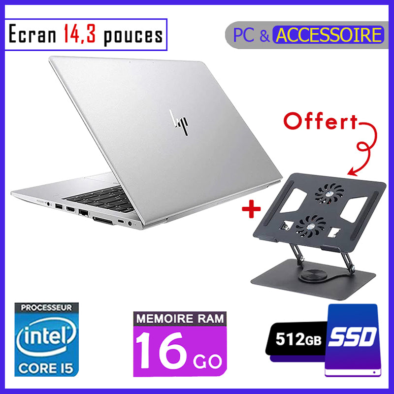 HP Elitebook 840 G5 - Core i5 - RAM 16gb - 512gb SSD / Ecran 14,3 pouces - 7ème et 8ème Génération (Support avec refroidisseur intégrée Offert)