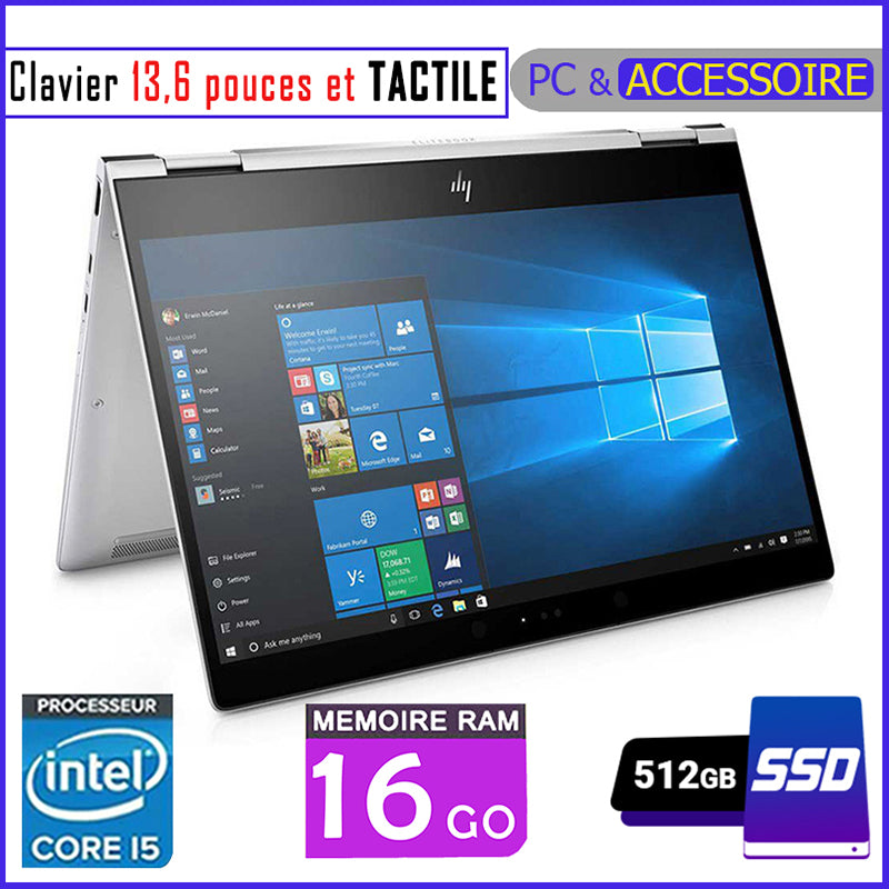 HP 1030 G3 - Ecran TACTILE / Core i5 - Ram 16gb - 512gb SSD / Ecran 13,6 pouces - Clavier rétro-éclairé - Processeur 1,8 GHZ - Pliable 360°